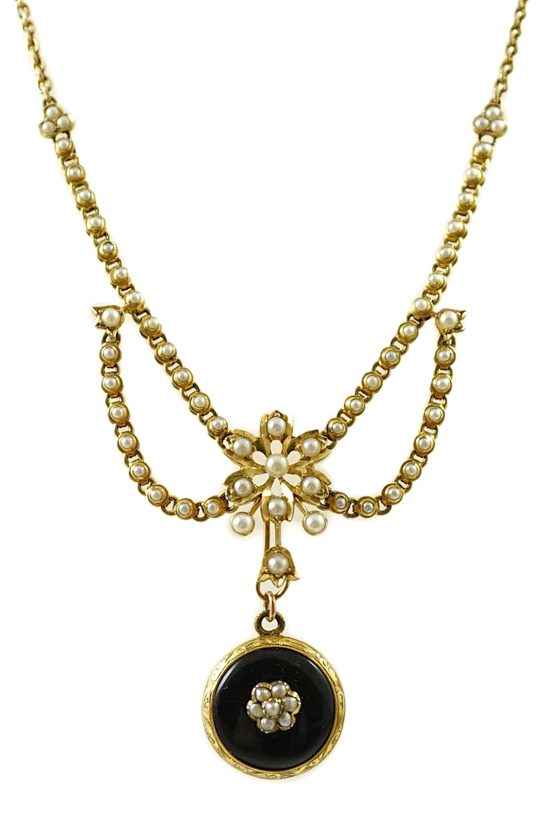 A Victorian gold, black enamel and seed pearl set mourning pendant necklace